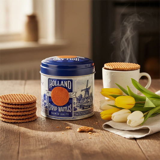 Burk "Holland Syrup Waffles" i retro Delfts blå design med påse Stroopwafels. Blik Delftsblauw met toefzak Hollandse stroopwafels för din perfekta fika