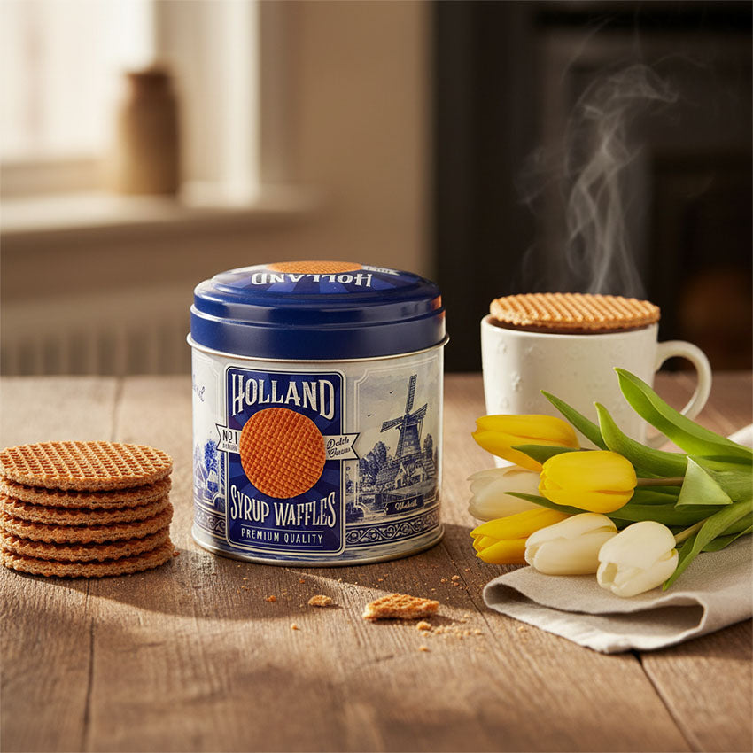 Burk "Holland Syrup Waffles" i retro Delfts blå design med påse Stroopwafels. Blik Delftsblauw met toefzak Hollandse stroopwafels för din perfekta fika