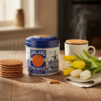 Burk "Holland Syrup Waffles" i retro Delfts blå design med påse Stroopwafels. Blik Delftsblauw met toefzak Hollandse stroopwafels för din perfekta fika