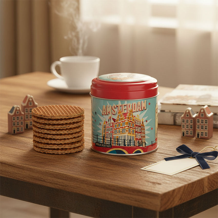 Paket: Burk med sirapsvåfflor (blik + stroopwafels) i röd/turkos tema Amsterdam hus längs en kanal i retrostil från Matix Souvenir Holland för ditt perfekta fikapaus