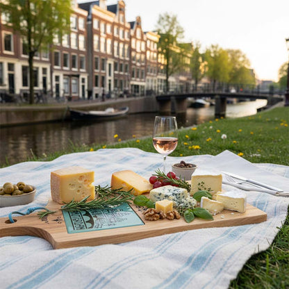 Träostbricka med en keramisk pastellgrön kakelplatta under en picknick längs Amsterdams kanaler