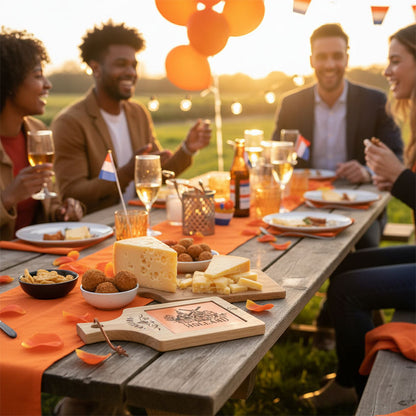 Vacker ostbricka i trä med en orange keramikplatta med Hollandstema på ett festligt dukat bord.