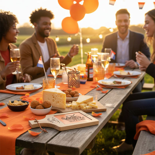 Vacker ostbricka i trä med en orange keramikplatta med Hollandstema på ett festligt dukat bord.