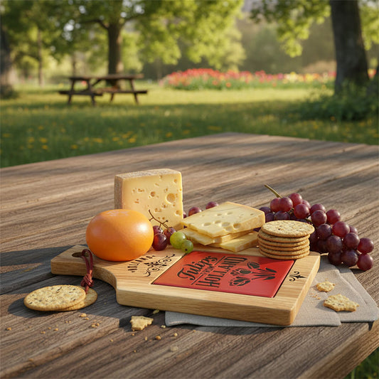 Vacker ostbricka i trä med röd keramikplatta med tulpanmotiv, på en picknickbord i en park