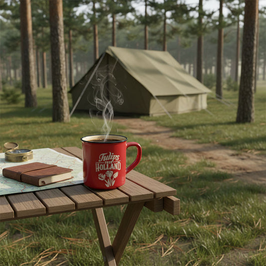 lifestyle photo: Mugg serien "Camp" röd keramik med text "tulips from Holland" från Matix Souvenir Holland på en camping