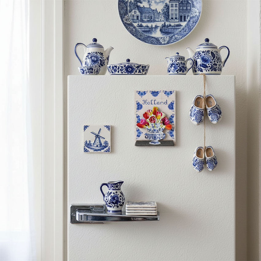 Magnet MDF med tulpanbukett på Delfts blauw kakelplatta från Matix Souvenir Holland på kylskåpet