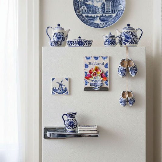 Magnet MDF med tulpanbukett på Delfts blauw kakelplatta från Matix Souvenir Holland på kylskåpet