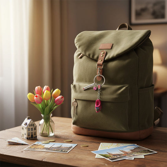 Roliga nyckelring med mörkrosa träsko och strassten och charm med texten Amsterdam på en ryggsäck.