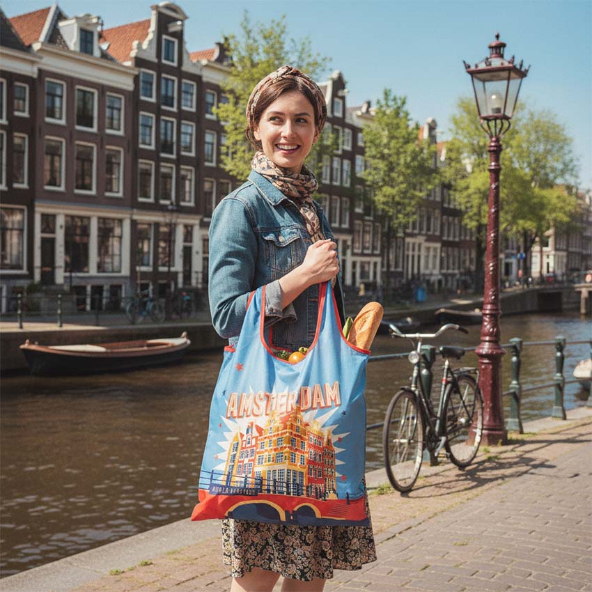 Snygg hopfällbar nylonväska med motiv av Amsterdams kanalhus, hållen av en kvinna i Amsterdam.