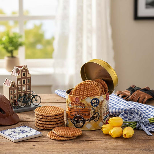 Paket: Burk med sirapsvåfflor (blik stroopwafels) lastcykel Holland gul retrostil från Matix Souvenir Holland