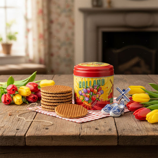 Paket: Burk med sirapsvåfflor (blik stroopwafels) Holland Tulips och Kvarn röd/gul i retrostil från Matix Souvenir Holland