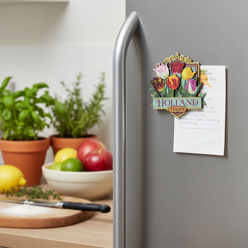 Magnet mdf serien "Pretty Tulips" Holland tulpaner/grön och guldfärgade accenter från Matix Souvenir Holland på kylskåpsdörren