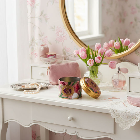 Hollandsk burk som passar för sirapsvåfflor eller smycken i serien "Pretty Tulips" tulpaner/rosa och präglad logo från Matix Souvenir Holland