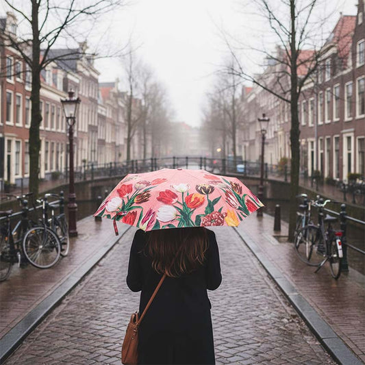 Paraply serien "Pretty Tulips" tulpaner/rosa från Matix Souvenir Holland met kvinna i Amsterdam