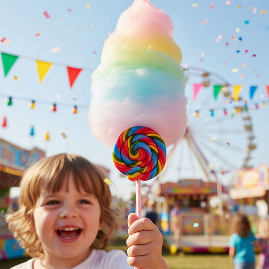 barn som håller i den lilla regnbågsspirallollipopen på tivolit
