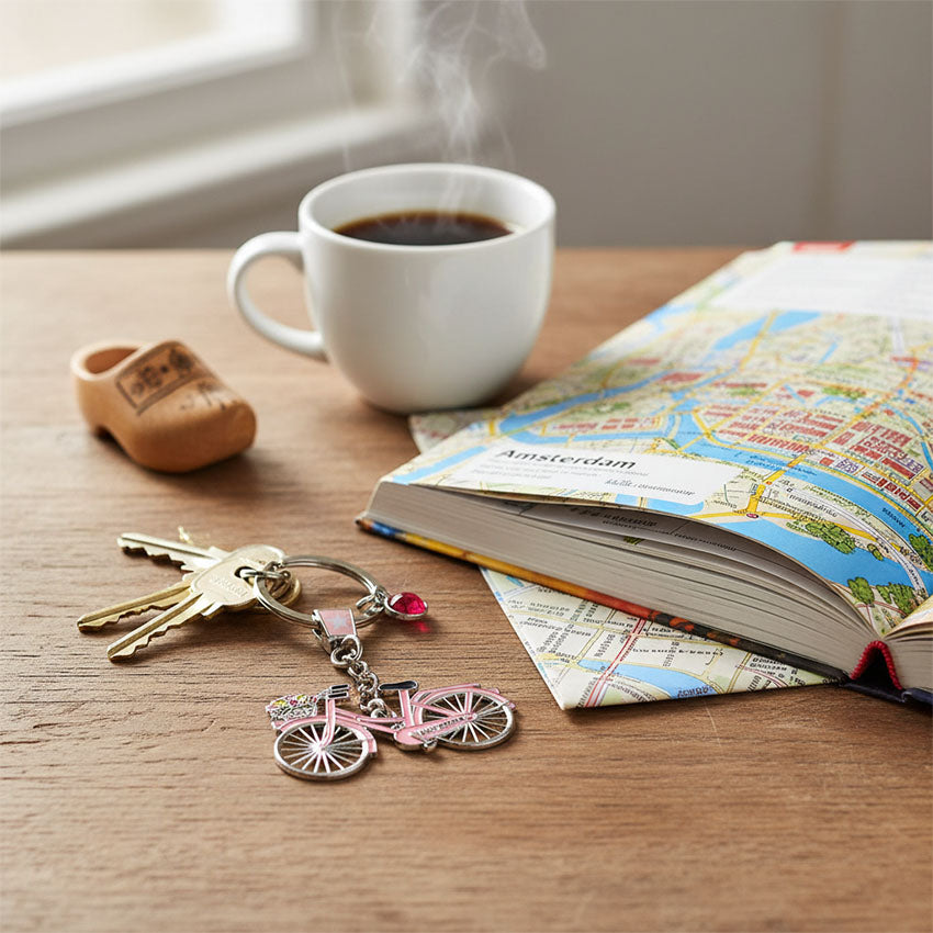 Nyckelring med strassten och rosa cykel med text Amsterdam och cykelkorg med tulpaner från Matix Souvenir Holland ligger på bordet.
