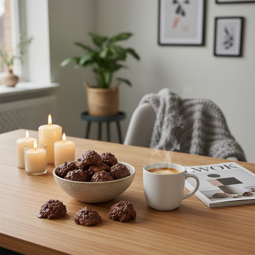 Fikapaus med 125g. sirapsvåffla bitar med MÖRKA choklad (Stroopwafelrotsjes PUUR) från Dutch Deli Delicious