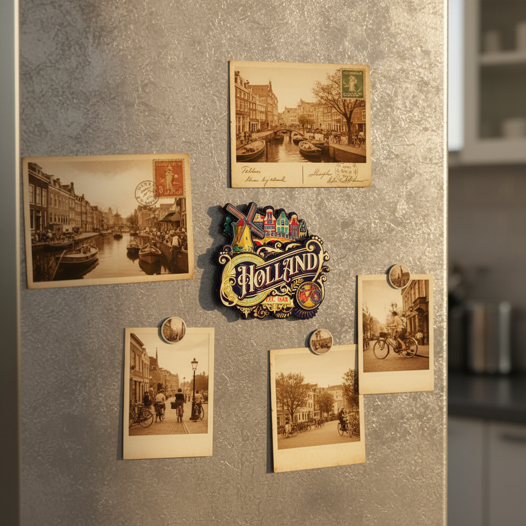Magnet mdf serien "Vintage city ornaments Holland" med tulpaner, träsko, väderkvarn, cykel och mer från Matix Souvenir Holland på kylskåpet