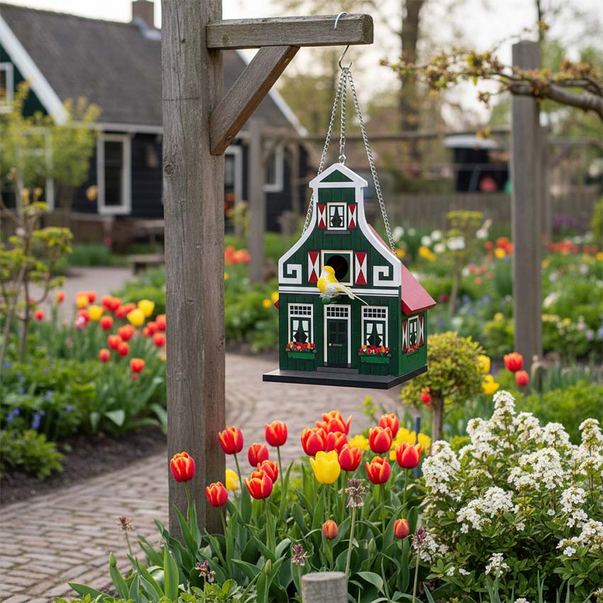 Fågelholk "Zaans huisje" grön/röd från Matix Souvenir Holland hängande på en stolpe i en holländsk trädgård med tulpaner