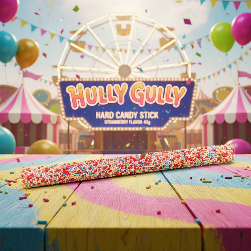 Hully Gully sockerstång jordgubb 43g från Holland Foodz med färgglada strössel - kalasgodis
