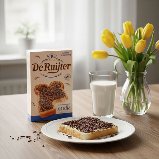 Chokladströssel LJUS/MELK (Hagelslag) 390g från De Ruijter Chocolade på en läcker smörgås