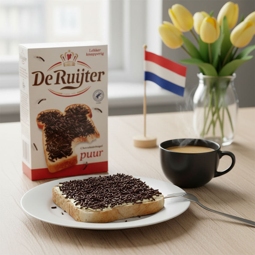 Chokladströssel MÖRKA/PUUR (Hagelslag) 390g från De Ruijter Chocolade på en läcker smörgås