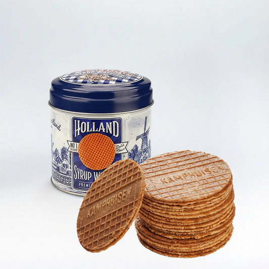 Paket: Burk med Kamphuisen sirapsvåfflor(10st.) serien "Delft Blå" (Delfts Blauw) i retrostil från Matix Souvenir Holland