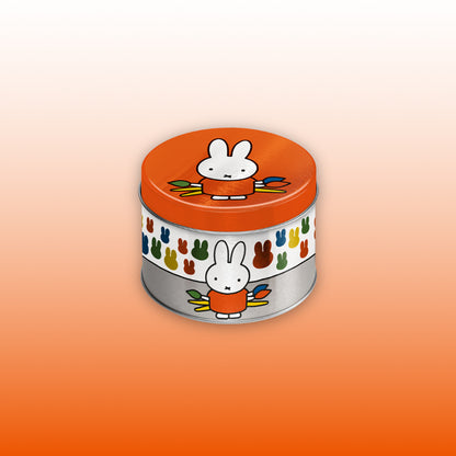 En liten, söt godisburk för godis eller smycken i silver, vitt och orange med motivet ”Miffy på museet” och ”Miffy som konstnär”