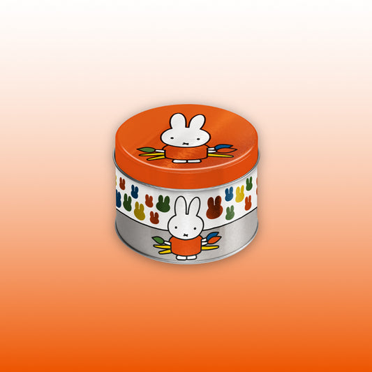 En liten, söt godisburk för godis eller smycken i silver, vitt och orange med motivet ”Miffy på museet” och ”Miffy som konstnär”