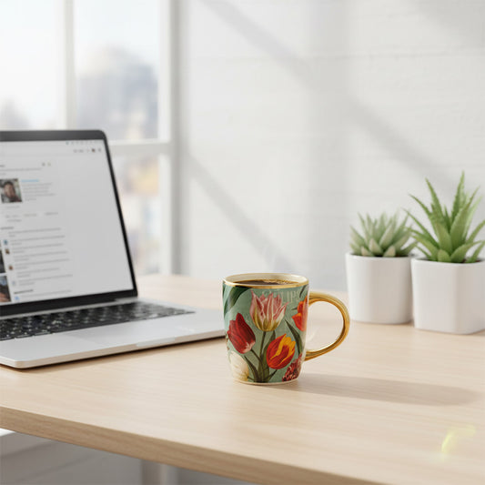 Mugg 16cl. serien "Pretty Tulips" grön/tulpaner i keramik av hög kvalitet med gulddetaljer från Matix Souvenir Holland på ett skrivbord