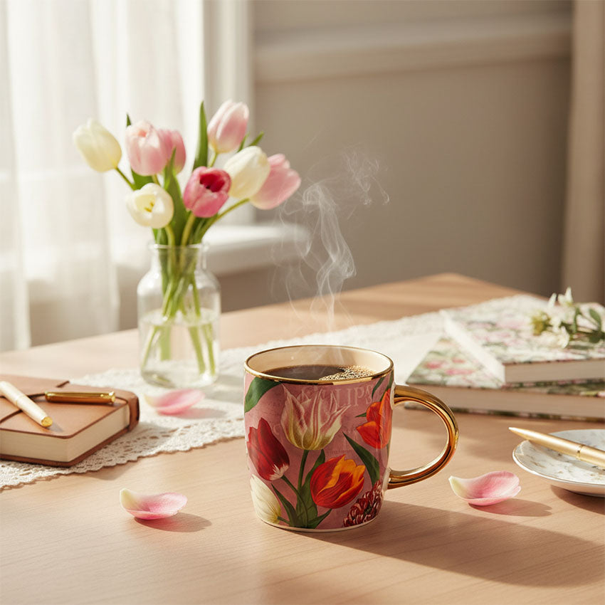 Mugg 27cl. serien "Pretty Tulips" rosa/tulpaner i keramik av hög kvalitet med gulddetaljer från Matix Souvenir Holland på en matbord