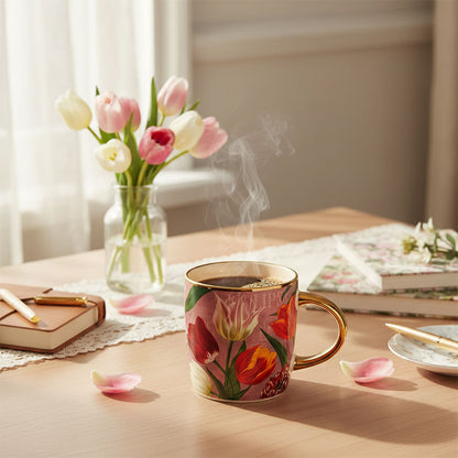 Mugg 27cl. serien "Pretty Tulips" rosa/tulpaner i keramik av hög kvalitet med gulddetaljer från Matix Souvenir Holland på en matbord