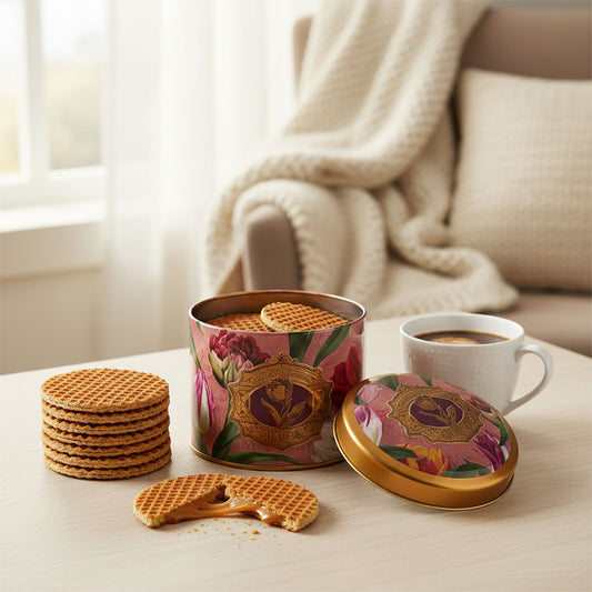 Paket: Burk med sirapsvåfflor (blik stroopwafels) serien "Pretty Tulips" tulpaner/rosa och präglad logo från Matix Souvenir Holland för den perfekta fikapaus