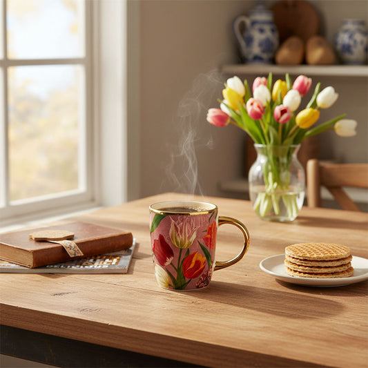 16 cl rosa keramikmugg från serien Pretty Tulips på bordet med några läckra stroofwafels bredvid.