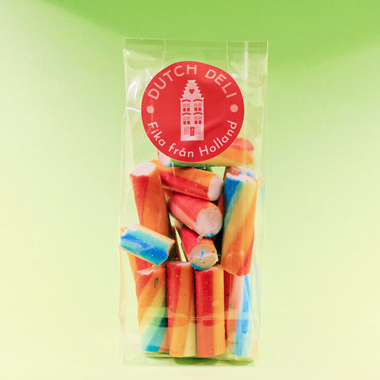 Påse 125gr. mjuk och liten regnbågssockerstänger (Regenboogstokjes) enligt Oosterhouts originalrecept från Holland Foodz