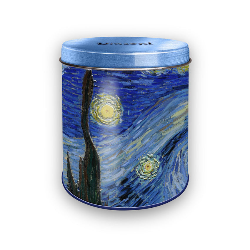 Förvaringsburk i metall för stroopwafflar med reliefmönster med motivet ”The Starry Night” av Vincent van Gogh