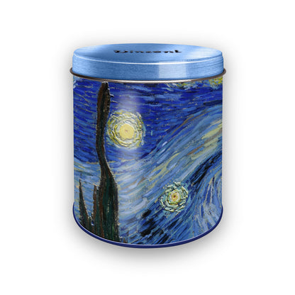 Förvaringsburk i metall för stroopwafflar med reliefmönster med motivet ”The Starry Night” av Vincent van Gogh