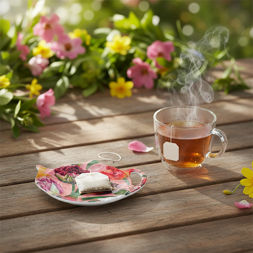 Rosa te-påshållare i serien Pretty Tulips på ett utebord med en varm, rykande kopp te