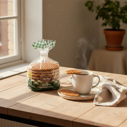 Påse äkta Vegansk Sirapsvåfflor från Markus & Markus Holland. De enige echte Vegan stroopwafels van Markus en Markus Holland